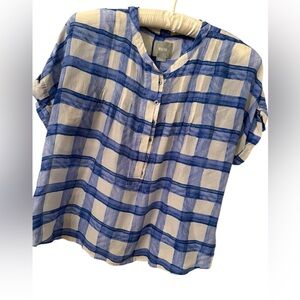 Maeve Shirt Top 100% Silk Blue Windowpane Plaid Button Blouse Size S